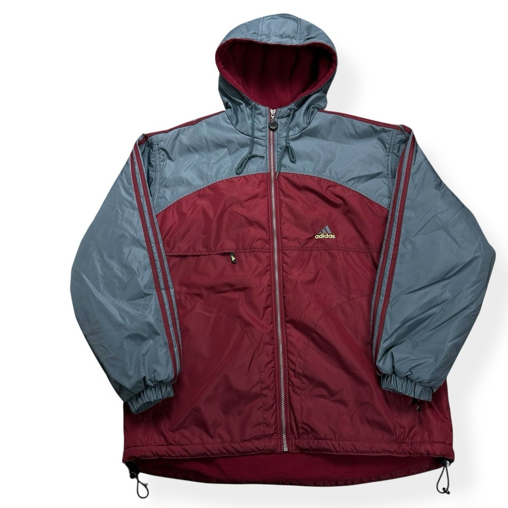 Vintage Y2K Adidas Fleece Lined Jacket Puffer Burgundy Gray Hooded Size Large
